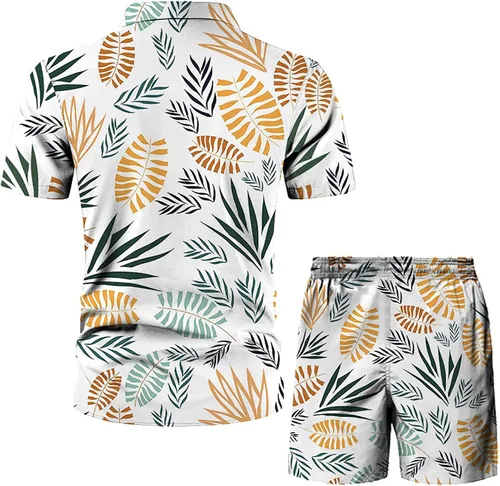 Vista 6 de SHENGXINY Conjunto hawaiano de 2 piezas para hombre, camisa floral con botones y pantalones cortos, conjunto deportivo de manga corta para hombre