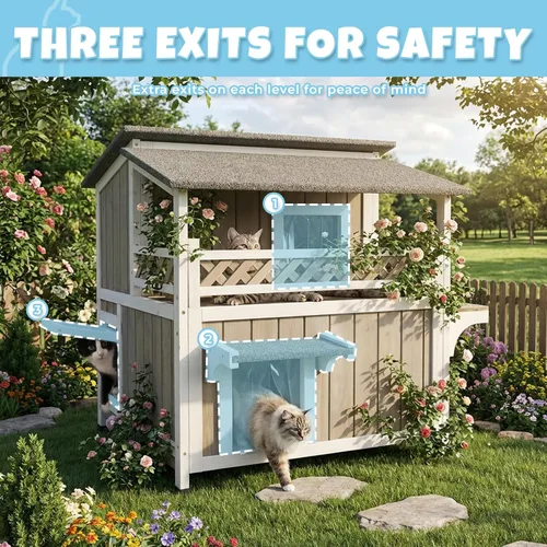 Vista 3 de Casa de madera para gatos para exteriores e interiores, resistente a la intemperie, refugio para gatos de dos pisos, hogar cerrado para gatos