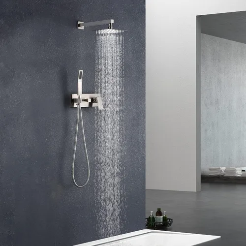 Vista 3 de SUMERAIN Sistema de ducha de lluvia de níquel cepillado con ducha de mano, sistema de cabezal de ducha de equilibrio de presión con válvula áspera