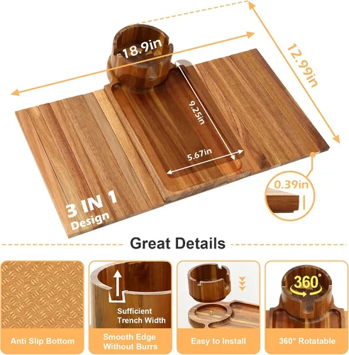 Vista 3 de Bandeja para portavasos de sofá, mesa de madera de acacia con soporte para teléfono, bandeja plegable grande para sofá para mesa de aperitivos