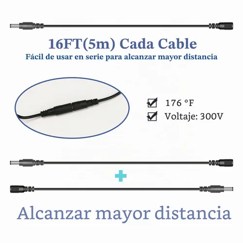 Vista 4 de 2PCS 16FT (16.4 ft) 12V DC Cable de extensión de alimentación Negro
