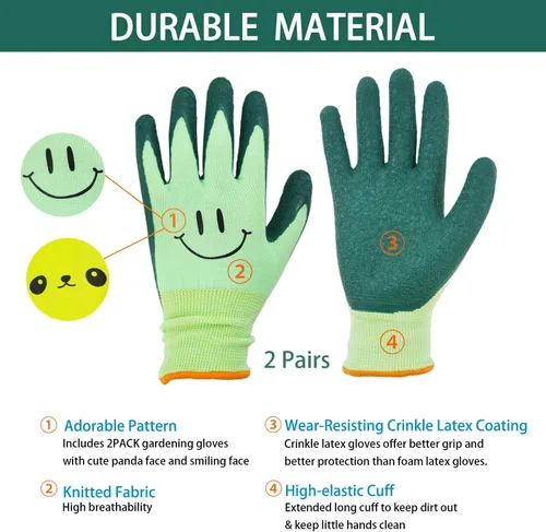 Vista 2 de 2 pares de guantes de jardinería para niños pequeños, guantes de jardín de tamaño infantil para trabajo en el patio, antideslizantes, flexibles