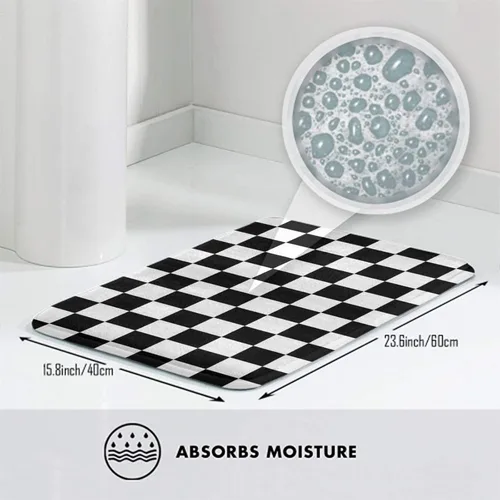 Vista 3 de Alfombra de baño antideslizante, impermeable, resistente a la suciedad, tablero de ajedrez, a cuadros, blanco y negro, alfombra para habitación