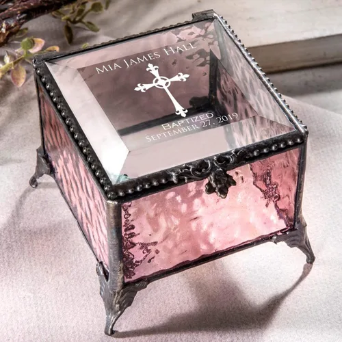 Vista 2 de Regalo de bautismo para niñas, caja de recuerdo personalizada, vitral, rosa, grabada, caja J Devlin 903 EB222 (rosa)