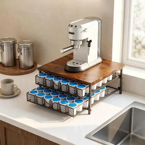 Vista 9 de Soporte para cápsulas de café para mostrador, cajón de cápsulas de café Soporte para tazas K de 72 capacidades, cestas deslizantes, almacenamiento