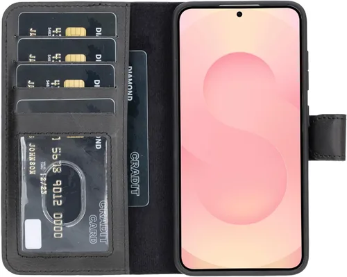 Vista 36 de HARDISTON Funda tipo cartera compatible con Samsung Galaxy S21, hecha a mano, de piel auténtica, cubierta magnética desmontable tipo flip con Negro