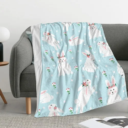 Vista 18 de Manta de Pascua y primavera, manta de felpa acogedora y suave para sofá, cama, sofá, viajes, campamento para adultos/niños, color azul y blanco