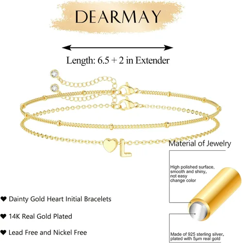 Vista 3 de DEARMAY Delicadas pulseras de oro con inicial de corazón para mujer, a la moda, de oro real de 14 quilates, pulsera con dije de letra, joyería linda