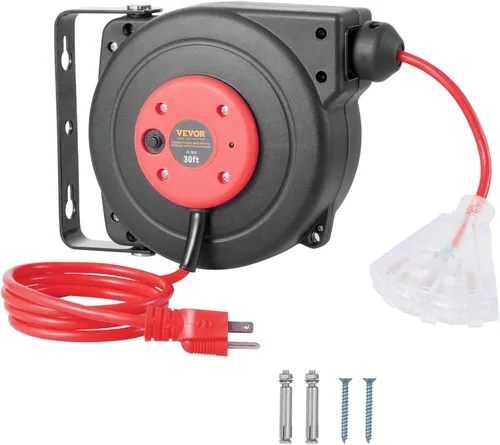 Vista 9 de VEVOR Carrete de cable de extensión retráctil, 30 pies, carrete de cable de alimentación retráctil resistente 16AWG/3C SJTOW con toma triple