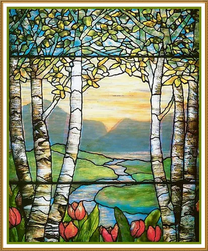 Vista 2 de Orenco Originals Tulipán Flores Abedul Detalle Inspirado Louis Comfort Tiffany Conteado Patrón De Punto De Cruz