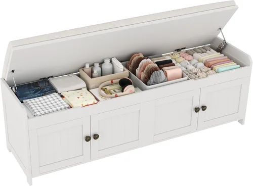 Vista 20 de HOMEFORT Banco para Zapatos de 30" con Almacenamiento de Tapa Elevable, Banco de Entrada con Asiento Acolchado, Banco de Madera para Pie de Cama