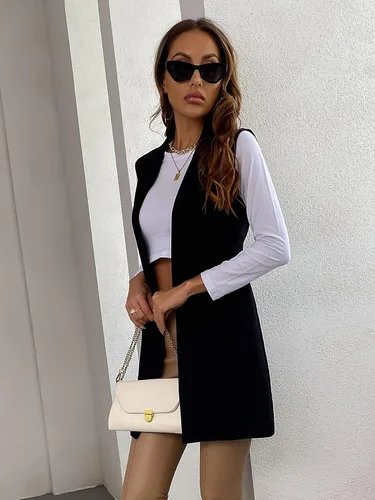 Vista 3 de SheIn Chaleco largo sin mangas con frente abierto para mujer chaqueta sólida con cuello de solapa