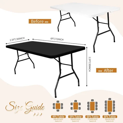 Vista 2 de Paquete de 12 fundas de tela elástica para mesas de 6 pies, fundas de mesa de elastano negro, protector universal rectangular para interiores
