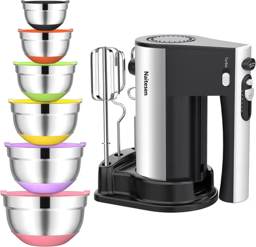 Vista 9 de Mezclador de mano eléctrico de 600 W, 10 velocidades, potente con mezclador de mano Turbo para hornear torta cocina mezclador con batidores, batir