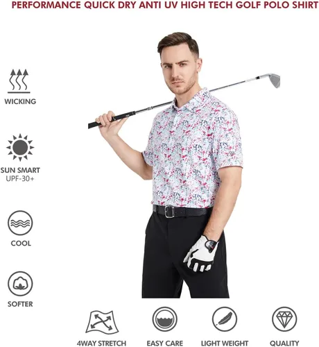Vista 5 de Camisas polo de golf para hombre, manga corta, a rayas, de rendimiento, absorben la humedad, ajuste seco