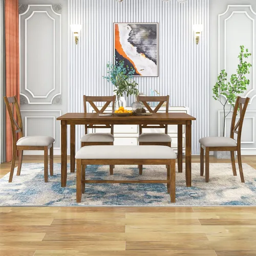 Vista 3 de Harper & Bright Designs Juego de mesa de comedor de 6 piezas, juego de mesa de comedor con mesa de comedor rectangular de madera, 4 sillas