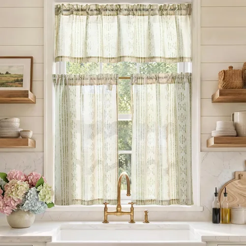 Vista 26 de Jinchan - Juego de cortinas y cenefas de cocina estilo bohemio negro sobre beige y bolsillo para barra Boho Negro sobre Beige