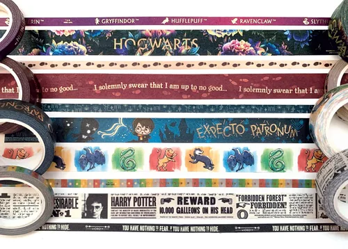 Vista 2 de Paper House Productions Harry Potter Foil Accent - Paquete de 10 cintas washi con 5 rollos de 0.591 in y 5 rollos de 0.197 in - atrevida y brillante