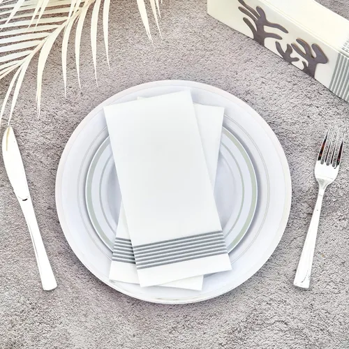 Vista 4 de LITOPAK Paquete de 100 toallas de invitados desechables, suaves y absorbentes, toallas de papel para invitados, para baños, fiestas, bodas o Plateado