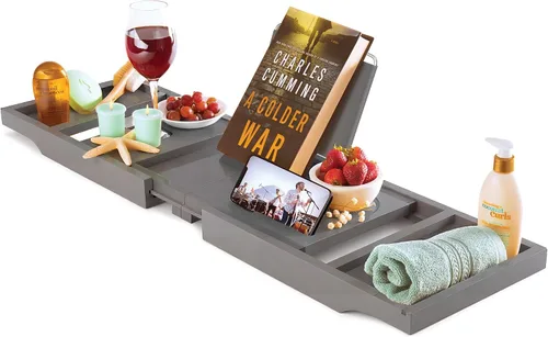 Vista 10 de Bambüsi Mesa de bandeja de bañera, plegable y ajustable, bandeja de bañera de bambú plegable, accesorios de bañera de madera, regalos únicos