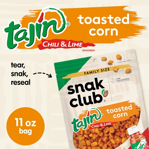 Vista 3 de Snak Club Tajin Maíz Tostado, Nuggets de Maíz Tostado con Condimento de Chile y Lima, Suave, Sin OGM, Sin Gluten, Aperitivo Kosher, Sin Colores ni