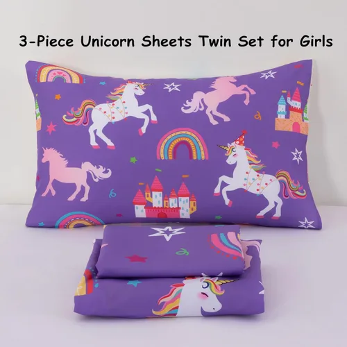 Vista 7 de Juego de sábanas de 3 piezas para niñas, tamaño individual, diseño de castillo y estrella arcoíris, unicornio, para niños y adolescentes, divertido