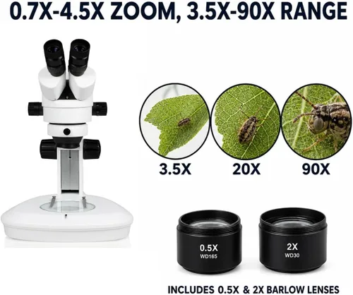 Vista 3 de Microscopio estéreo con zoom binocular VS-2EZ, ocular de campo ancho 10x, rango de zoom de 0.7X—4.5X, rango de aumento de 3.5X—90x, lente auxiliar