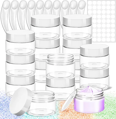 Vista 27 de Paquete de 15 tarros de plástico redondos transparentes de 1 onza con tapas, frascos pequeños para cosméticos de 1 fl oz, recipientes de maquillaje