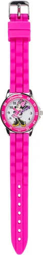 Vista 6 de Reloj Minnie Mouse Time Teacher para niñas - Reloj analógico de aprendizaje de la hora con números fáciles de leer y cómoda banda de silicona Rosa