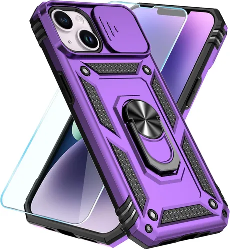 Vista 4 de SunStory Funda compatible con iPhone 14 Plus con protector de pantalla HD, cubierta de cámara deslizante y soporte de anillo giratorio
