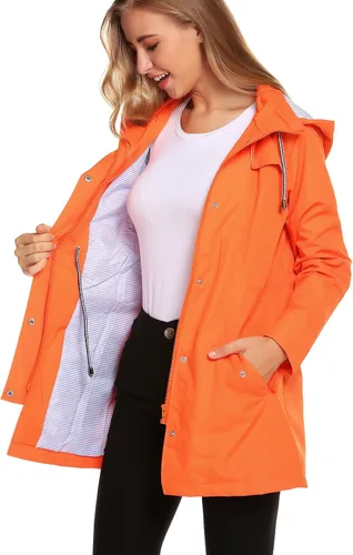 Vista 2 de ZHENWEI Chaqueta impermeable, ligera, con capucha, uso activo, para exteriores, forrada para lluvia, larga, S-XXL, para mujer
