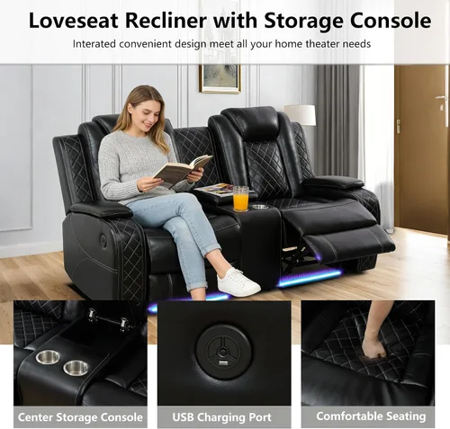 Vista 3 de Juego de sofá reclinable eléctrico con LED, juego de sofá de cuero transpirable para sala de estar, juego de sofá reclinable con puerto USB, Negro