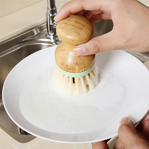Vista 4 de 4 cepillos de bambú para fregar platos con soportes, de madera, de bambú, redondos, cerdas rígidas, cepillos para lavar platos, ollas, sartenes