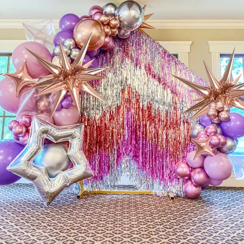 Vista 4 de Globos de lámina dorada rosa en forma de estrella paquete de 6 Starburst y Spike para bodas y fiestas
