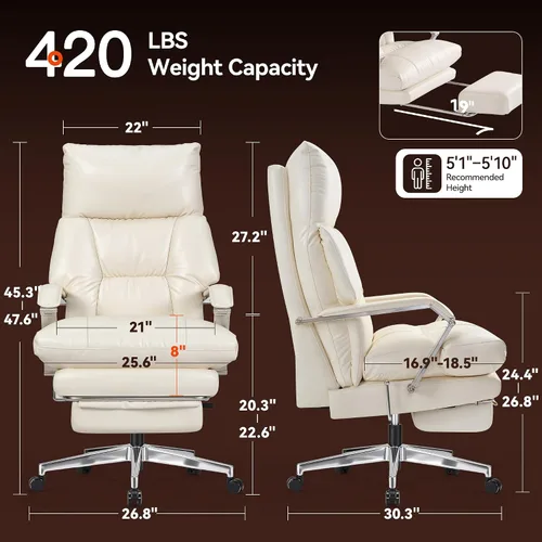 Vista 2 de OKUP M76 - Silla de oficina ejecutiva reclinable de 160° con reposapiés, silla de oficina de cuero con profundidad de asiento ajustable, cojín Crema