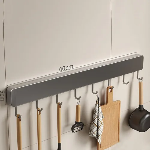 Vista 5 de Percha para utensilios de cocina, ganchos para montar en la pared, sin taladrar, ganchos extraíbles y ajustables, riel de cocina con 8 ganchos