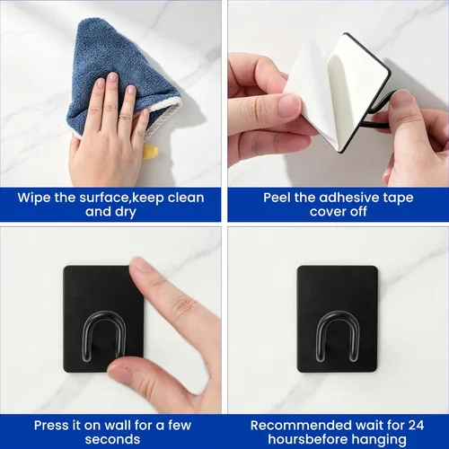 Vista 4 de Adhesive Hooks Heavy Duty, Long Stainless Steel Wall Towel Holder Black Double-tube