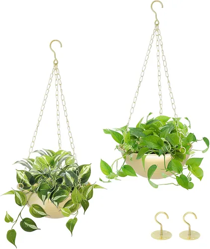 Vista 10 de AceList Paquete de 2 macetas colgantes doradas para plantas de interior, colgador de plantas de metal bohemio de 9.8 pulgadas para interiores