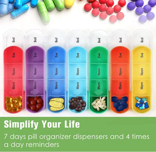 Vista 2 de FINPAC Organizadores semanales de píldoras 4 veces al día, estuche abierto de piel sintética, pastillero de viaje, recordatorio de medicina Hibisco