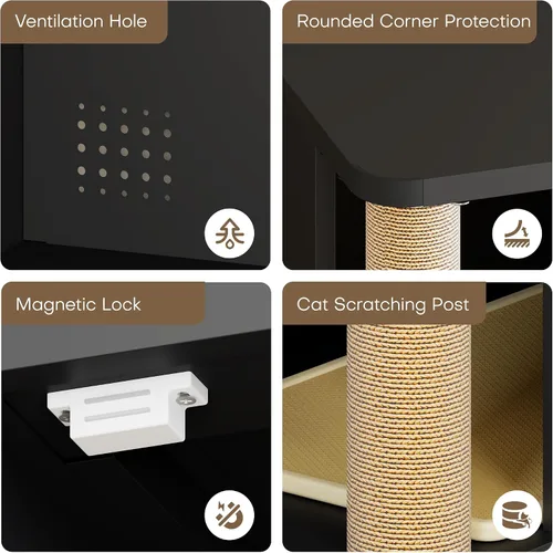 Vista 5 de Caja de arena para gatos para 2 gatos, armario de metal oculto doble con poste rascador para gatos, muebles grandes para baño de mascotas, mesa