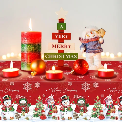 Vista 5 de FunnyPars 3 piezas manteles de muñeco de nieve navideños de plástico, cubierta de mesa de invierno con copos de nieve y árbol de Navidad