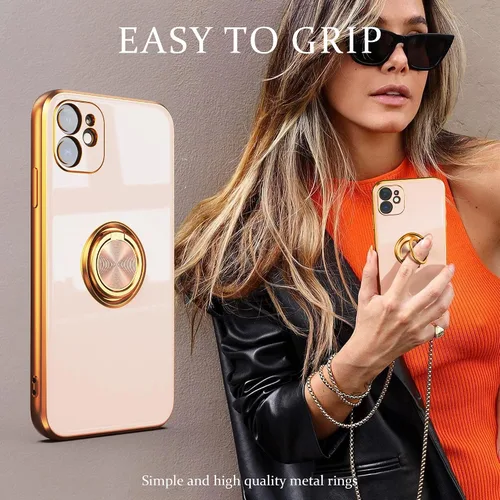 Vista 4 de IDweel Funda para iPhone 11 con soporte de anillo de 360° con soporte magnético, ligera, delgada, borde de oro rosa, TPU suave, protección