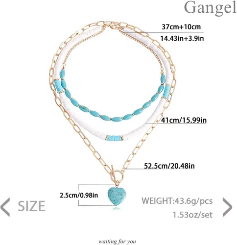 Vista 6 de Gangel Collar bohemio con forma de corazón, collares en capas de turquesa, gargantilla de surfista, collar de concha de puka, collar de playa