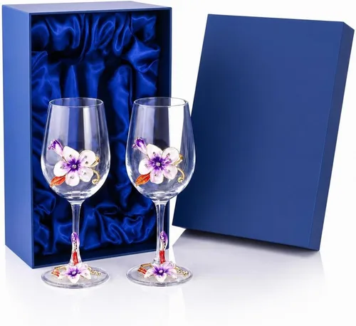 Vista 10 de Copas de vino transparentes hechas a mano, copas de vino tinto, juego de 2 Copas florales esmaltadas en azul, diseño artesanal, juego de 2