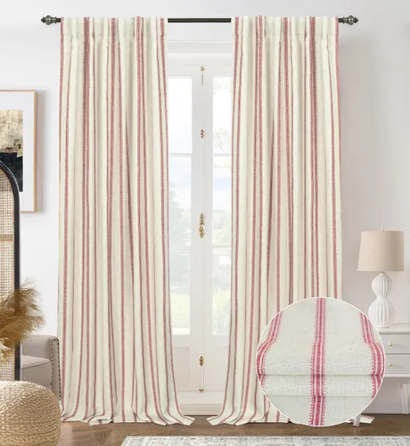 Vista 60 de DriftAway Cortinas opacas de mezcla de lino de granja de 90 pulgadas de largo para dormitorio, cortinas de lino con estampado de rayas verticales