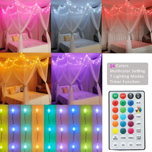 Vista 3 de Obrecis - Dosel de cama blanco con luces de estrella para niñas, cortinas de cama de princesa de 8 esquinas con 100 luces LED en forma de estrella