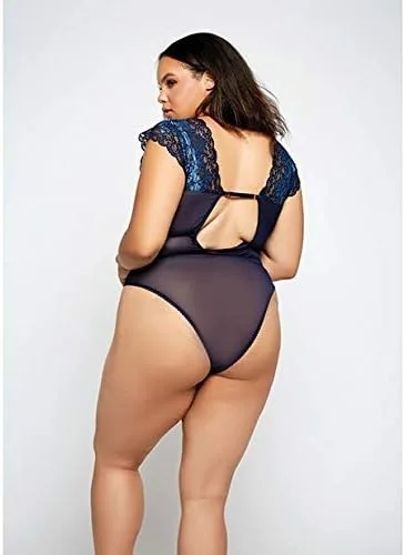 Vista 2 de iCollection Lingerie Encaje y Malla Deep V Teddy Azul Tallas Grande (2X), Azul