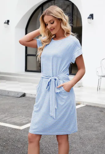 Vista 5 de MEROKEETY - Vestido de verano con manga corta, a rayas, casual, estilo camiseta, con lazo en la cintura y bolsillos, para mujer