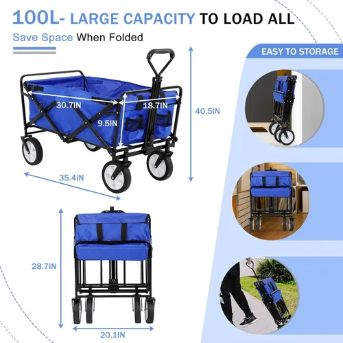 Vista 7 de Carro plegable de gran capacidad para exteriores, carrito de comestibles plegable resistente con ruedas universales y mango ajustable, carrito