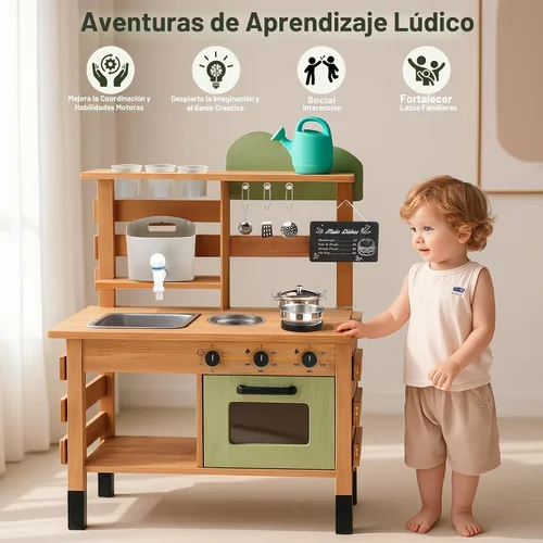 Vista 3 de OLLIKIVI Cocina de juego al aire libre para niños Juego de cocina de barro de madera con fregadero extraíble, área de plantación, horno, estufa